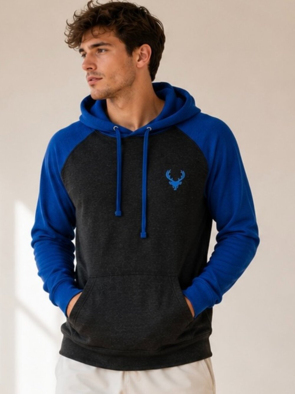 Bucked Up Heather Gray Cobalt Blue Hoodie Large Drawstring Sweatshirt